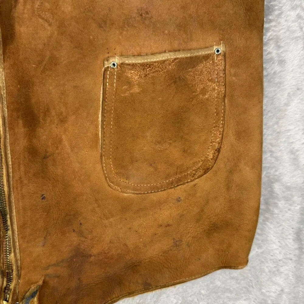 Vintage 1930s Leather Vest Men 38 Shearling Lined USA Talon Zip Brown Western